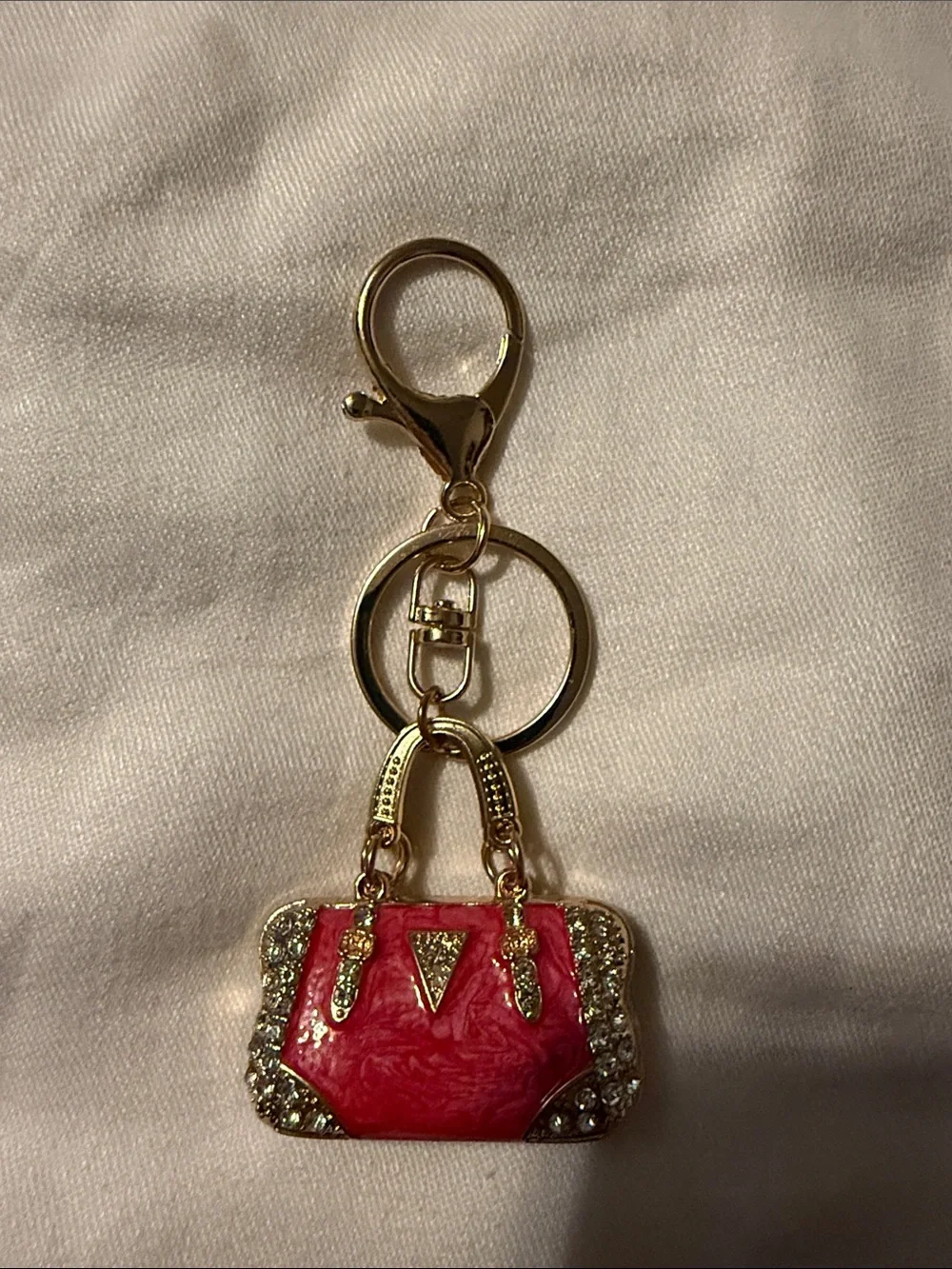 Gold-tone Keychain Charm with Pink Purse Accent